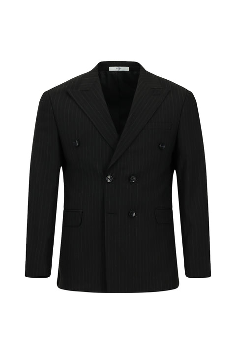 Siyah 7 Drop Slim Fit Dar Kesim Çizgili Kruvaze Takım Elbise