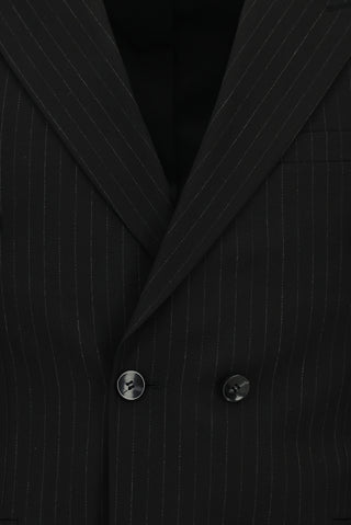  Siyah Slim Fit Dar Kesim Çizgili Kruvaze Takım Elbise