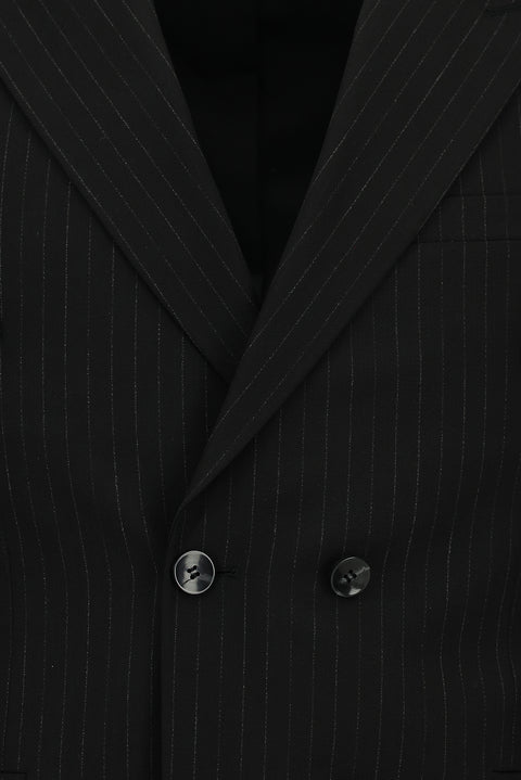 Siyah 7 Drop Slim Fit Dar Kesim Çizgili Kruvaze Takım Elbise