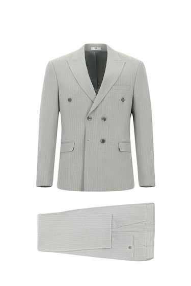 Açık Gri Slim Fit Dar Kesim Çizgili Kruvaze Takım Elbise