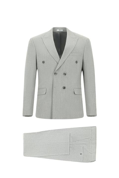 Açık Gri 7 Drop Slim Fit Dar Kesim Çizgili Kruvaze Takım Elbise