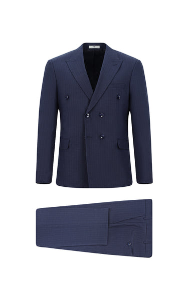 Orta Lacivert Slim Fit Dar Kesim Çizgili Kruvaze Takım Elbise