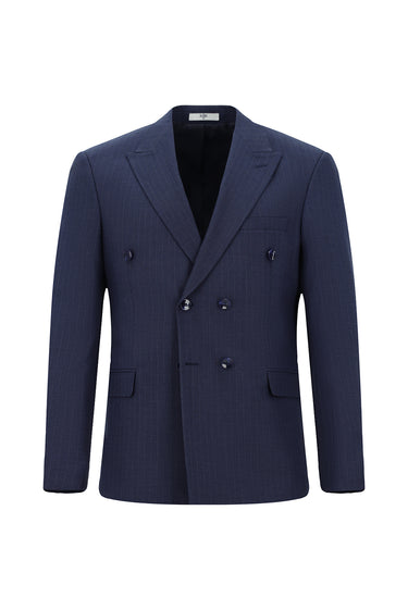 Orta Lacivert Slim Fit Dar Kesim Çizgili Kruvaze Takım Elbise