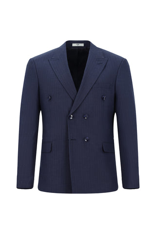  Orta Lacivert 7 Drop Slim Fit Dar Kesim Çizgili Kruvaze Takım Elbise