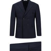 Koyu Lacivert Slim Fit Dar Kesim Çizgili Kruvaze Takım Elbise