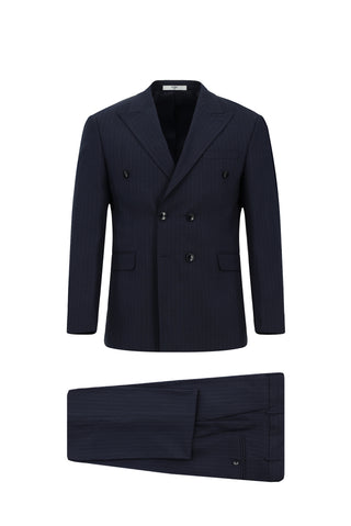  Koyu Lacivert 7 Drop Slim Fit Dar Kesim Çizgili Kruvaze Takım Elbise