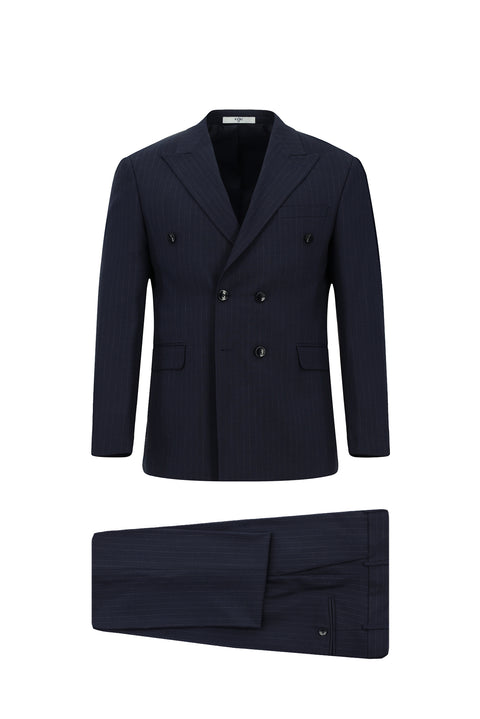 Koyu Lacivert 7 Drop Slim Fit Dar Kesim Çizgili Kruvaze Takım Elbise