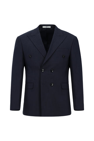  Koyu Lacivert 7 Drop Slim Fit Dar Kesim Çizgili Kruvaze Takım Elbise