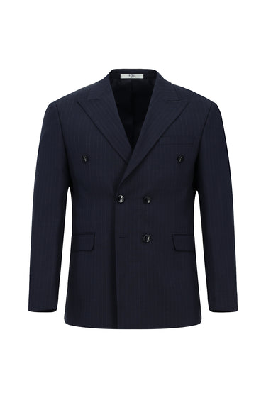  Koyu Lacivert Slim Fit Dar Kesim Çizgili Kruvaze Takım Elbise