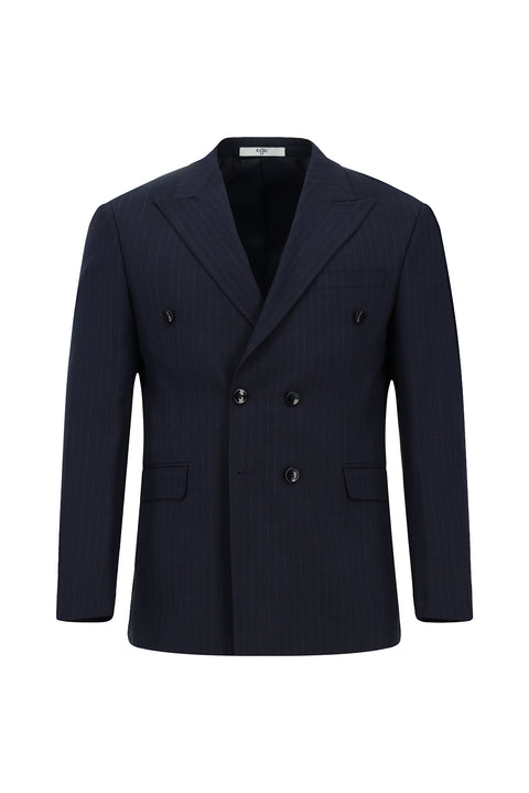 Koyu Lacivert 7 Drop Slim Fit Dar Kesim Çizgili Kruvaze Takım Elbise