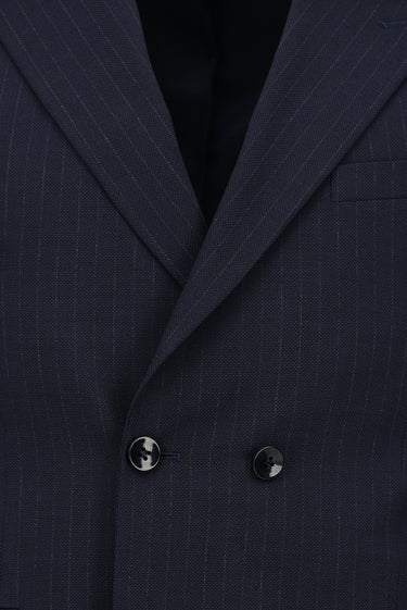  Koyu Lacivert Slim Fit Dar Kesim Çizgili Kruvaze Takım Elbise