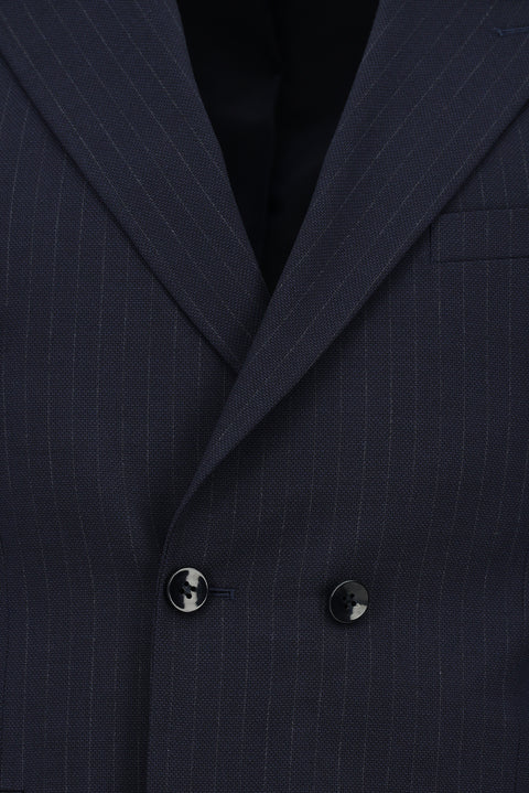 Koyu Lacivert 7 Drop Slim Fit Dar Kesim Çizgili Kruvaze Takım Elbise