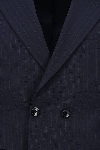  Koyu Lacivert 7 Drop Slim Fit Dar Kesim Çizgili Kruvaze Takım Elbise