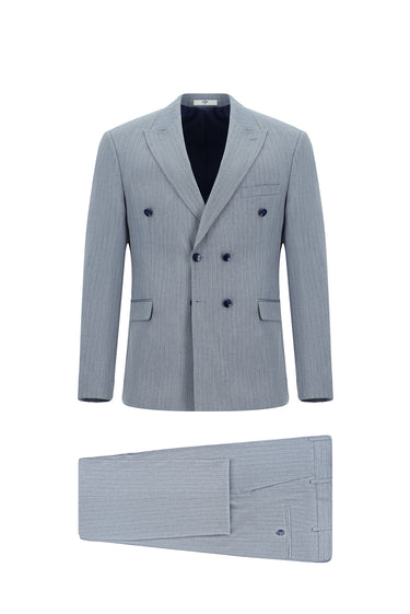 Açık Mavi Slim Fit Dar Kesim Çizgili Kruvaze Takım Elbise