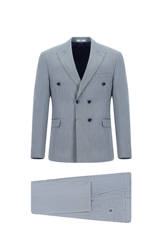  Açık Mavi 7 Drop Slim Fit Dar Kesim Çizgili Kruvaze Takım Elbise
