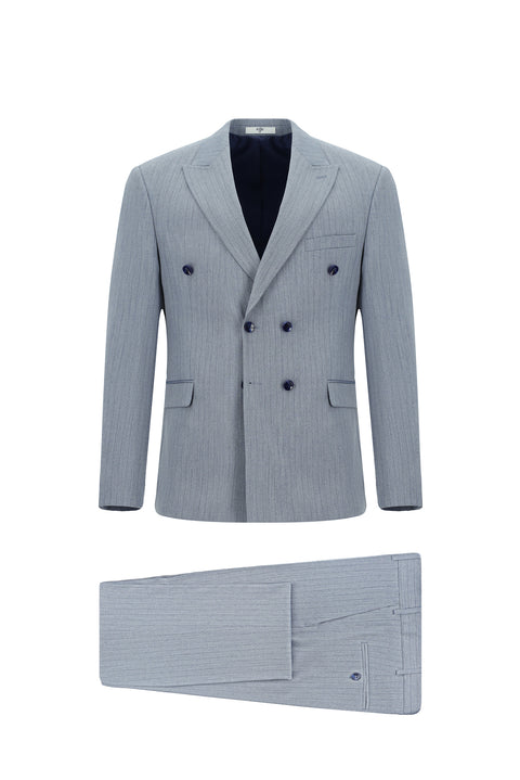 Light Blue 6 Drop Regular Fit Standard Cut Striped Double-Breasted Suit