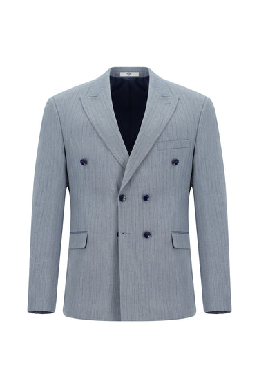 Açık Mavi Slim Fit Dar Kesim Çizgili Kruvaze Takım Elbise