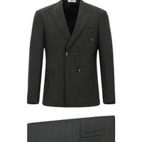 Koyu Antrasit Slim Fit Dar Kesim Çizgili Kruvaze Takım Elbise