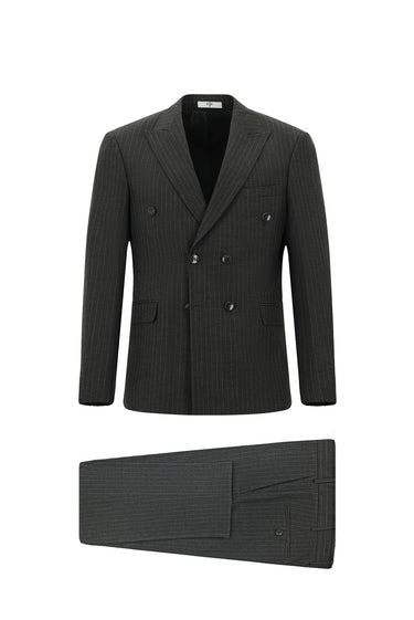 Koyu Antrasit Slim Fit Dar Kesim Çizgili Kruvaze Takım Elbise