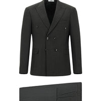 Koyu Antrasit 7 Drop Slim Fit Dar Kesim Çizgili Kruvaze Takım Elbise