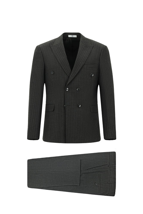 Koyu Antrasit 7 Drop Slim Fit Dar Kesim Çizgili Kruvaze Takım Elbise