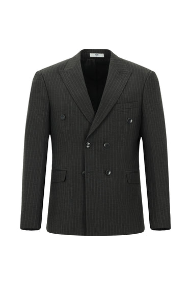 Koyu Antrasit Slim Fit Dar Kesim Çizgili Kruvaze Takım Elbise