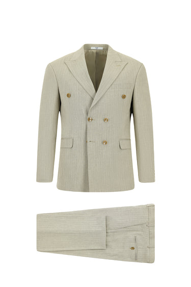 Açık Vizon Regular Fit Çizgili Kruvaze Takım Elbise