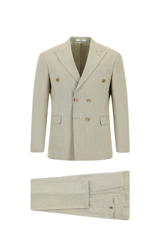  Açık Vizon Slim Fit Dar Kesim Çizgili Kruvaze Takım Elbise