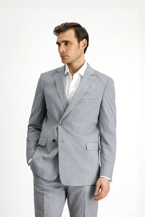 Orta Gri 6 Drop Regular Fit Standart Kesim Çizgili Kruvaze Takım Elbise