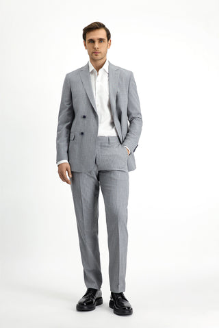  Orta Gri Regular Fit Çizgili Kruvaze Takım Elbise