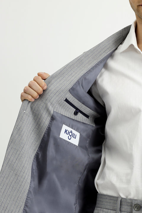 Orta Gri 6 Drop Regular Fit Standart Kesim Çizgili Kruvaze Takım Elbise