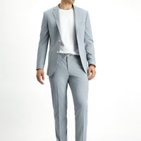 Orta Gri Super Slim Fit Ekstra Dar Kesim Çizgili Beli Lastikli İpli Gofre Takım Elbise