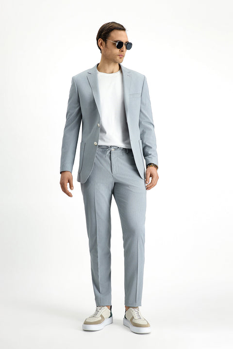 Orta Gri 7 Drop Super Slim Fit Eksra Dar Kesim Çizgili Beli Lastikli İpli Gofre Takım Elbise