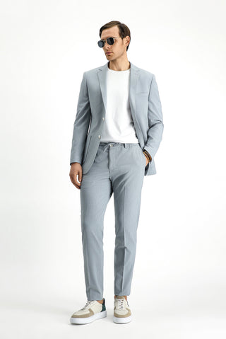  Orta Gri Super Slim Fit Ekstra Dar Kesim Çizgili Beli Lastikli İpli Gofre Takım Elbise