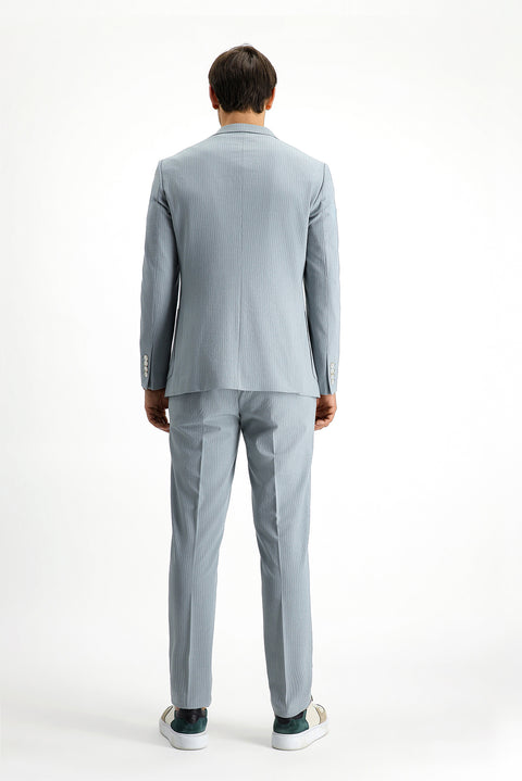 Orta Gri 7 Drop Super Slim Fit Eksra Dar Kesim Çizgili Beli Lastikli İpli Gofre Takım Elbise