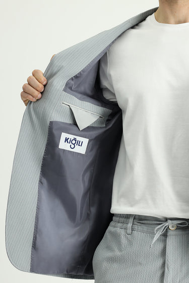Orta Gri Super Slim Fit Ekstra Dar Kesim Çizgili Beli Lastikli İpli Gofre Takım Elbise