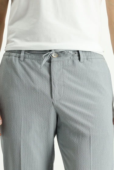Orta Gri Super Slim Fit Ekstra Dar Kesim Çizgili Beli Lastikli İpli Gofre Takım Elbise