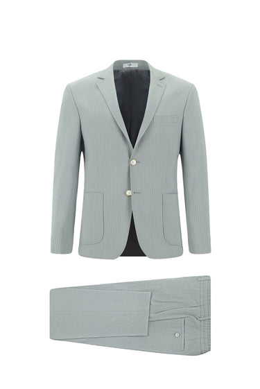 Orta Gri Super Slim Fit Ekstra Dar Kesim Çizgili Beli Lastikli İpli Gofre Takım Elbise