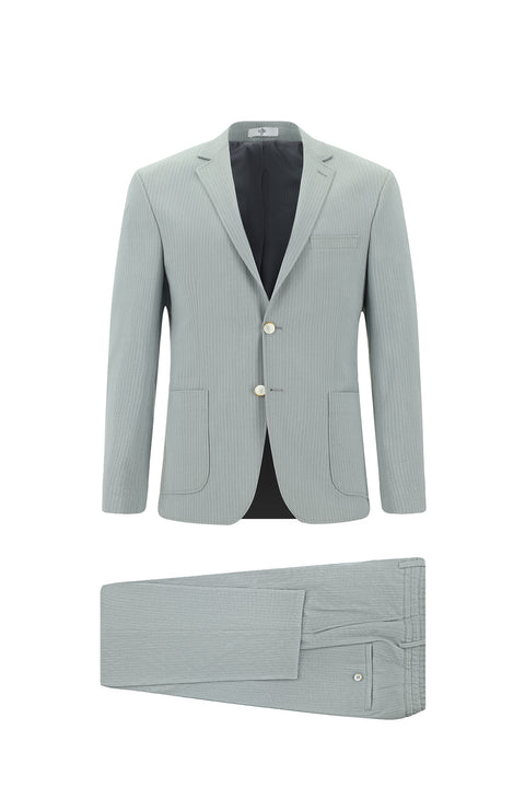 Orta Gri 7 Drop Super Slim Fit Eksra Dar Kesim Çizgili Beli Lastikli İpli Gofre Takım Elbise