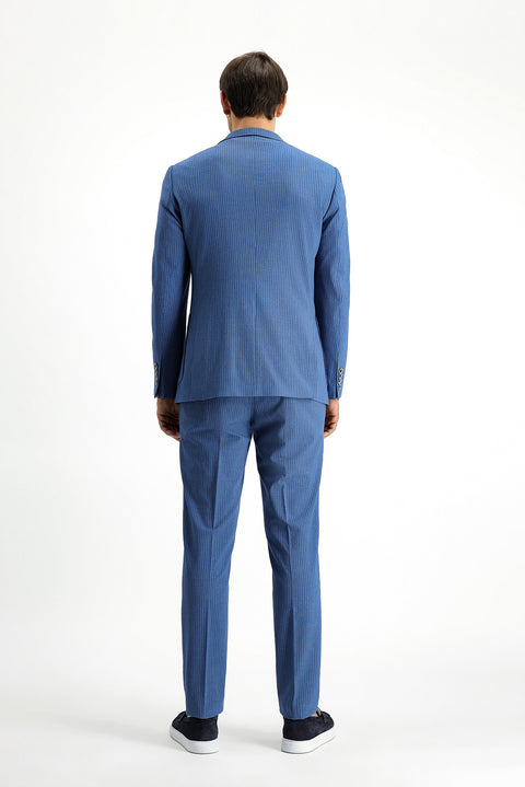 İndigo 7 Drop Super Slim Fit Eksra Dar Kesim Çizgili Beli Lastikli İpli Gofre Takım Elbise