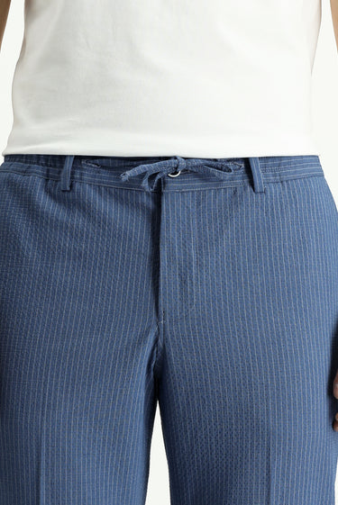 İndigo Super Slim Fit Ekstra Dar Kesim Çizgili Beli Lastikli İpli Gofre Takım Elbise