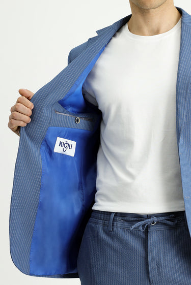 İndigo Super Slim Fit Ekstra Dar Kesim Çizgili Beli Lastikli İpli Gofre Takım Elbise