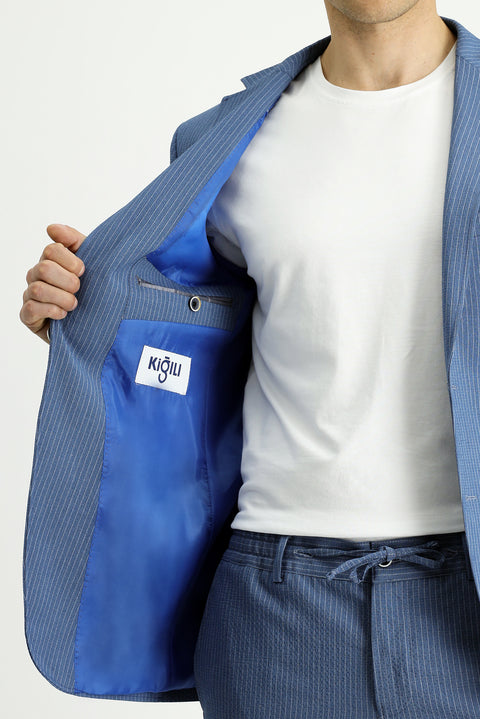 İndigo 7 Drop Super Slim Fit Eksra Dar Kesim Çizgili Beli Lastikli İpli Gofre Takım Elbise