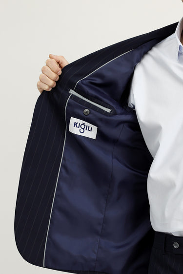 Koyu Lacivert Regular Fit Çizgili Takım Elbise
