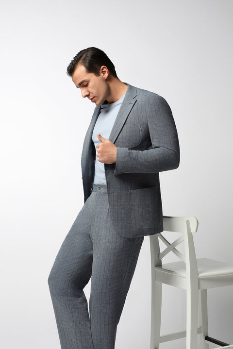 Orta Lacivert 6 Drop Regular Fit Standart Kesim Desenli Takım Elbise