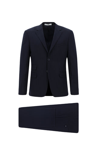  Koyu Lacivert Relaxed Fit Rahat Kesim Klasik Çizgili Takım Elbise