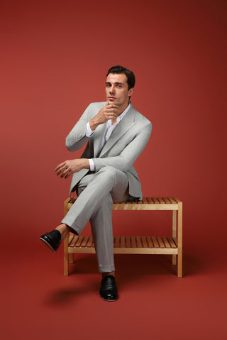  Açık Gri Slim Fit Dar Kesim Çizgili İtalyan Kesim Kruvaze Takım Elbise