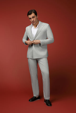  Açık Gri Slim Fit Dar Kesim Çizgili İtalyan Kesim Kruvaze Takım Elbise