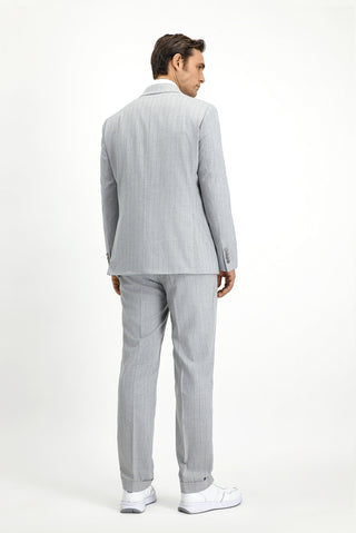  Açık Gri 7 Drop Slim Fit Dar Kesim Çizgili İtalyan Kesim Kruvaze Takım Elbise