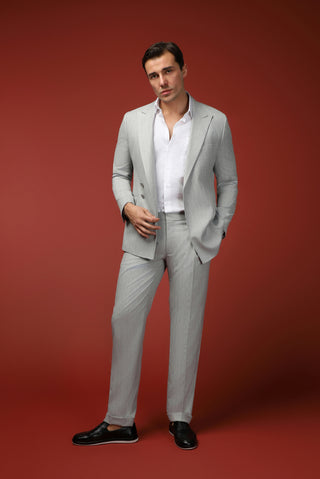  Açık Gri Slim Fit Dar Kesim Çizgili İtalyan Kesim Kruvaze Takım Elbise